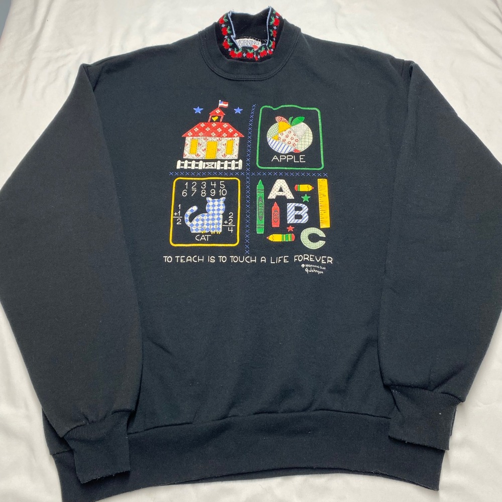 Vintage Morning Sun Teacher Sweatshirt Black Mock Neck School Graphic Large USA